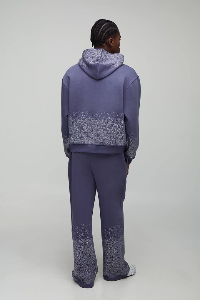 Oversized Boxy Rhinestone Hoodie And Wide Leg Jogger | Navy | Size Medium