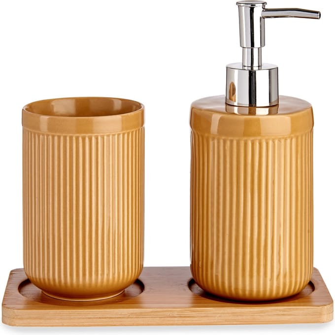Badkamer accessoires set 3-delig camel bruin gestreept van keramiek - Zeeppompje - Beker - Tray