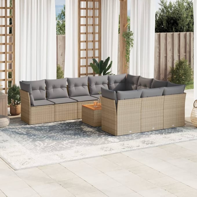vidaXL - 11-delige - Tuinset - met - kussens - poly - rattan - beige