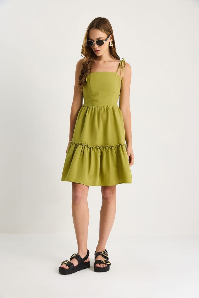 Vierkante Halslijn A-Form Midi Dress met Binddetails