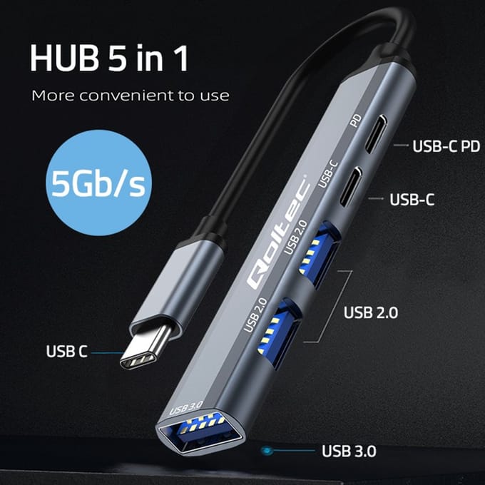 Qoltec Hub USB-C 3.1 5-in-1 adapter |   USB-C PD |   USB-C |   2x USB 2.0 |   USB 3.0