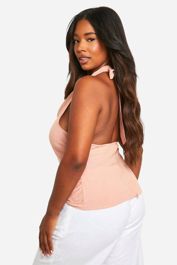 boohoo Dames Plus Linen Look Tie Halterneck Top | Roest | Maat: 54