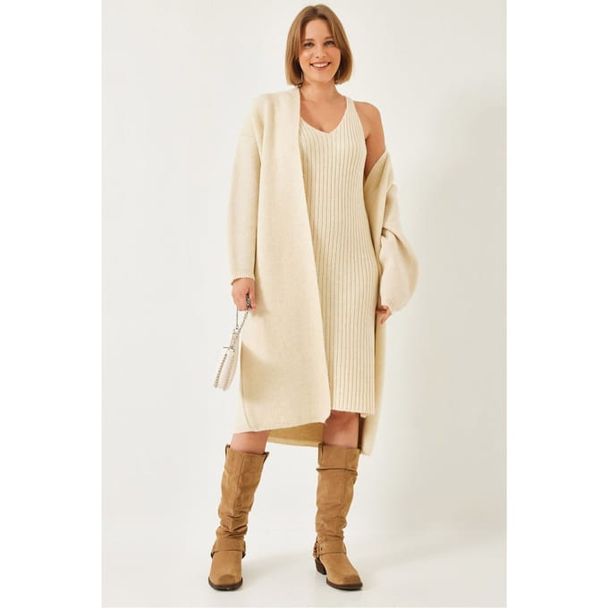 Gestructureerde Brei V-Hals Cardigan-Jurk Twee-Delige Set