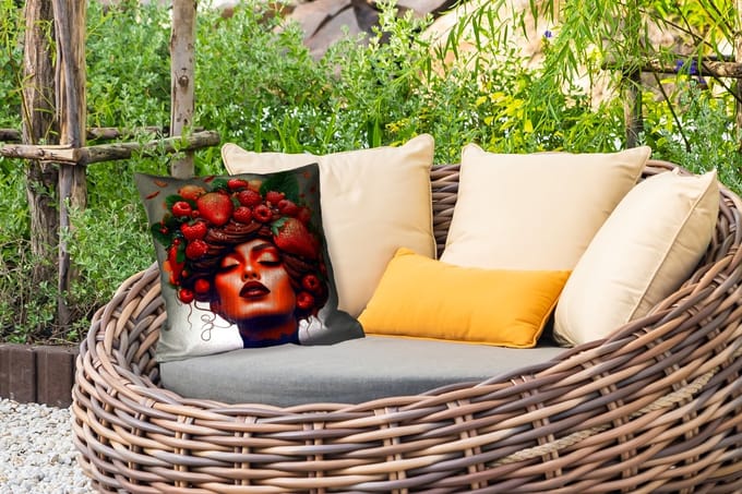 Tuinkussen - Vrouw - Chocolade - Frambozen - Aardbeien - Koekjes - 40x40 cm - Weerbestendig