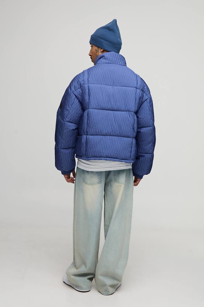 Boxy Fit Textured Pintuck Funnel Neck Puffer Jacket | Blue | Size Medium