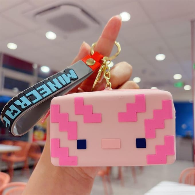 Porte-clés Minecraft en PVC pour enfants, porte-clés en silicone pour sac, sac de rangement pour la monnaie pink