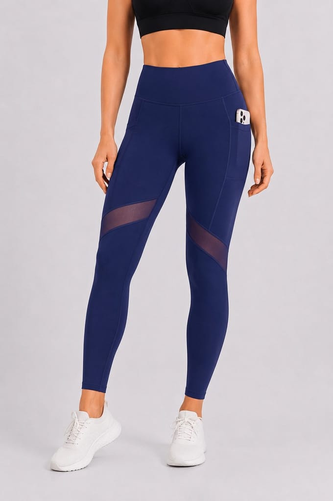 SparkNine Meshmotion sportlegging - dames - met zakken - S - blauw - stijlvolle mesh panelen - telefoon zakken - elastisch - squatproof
