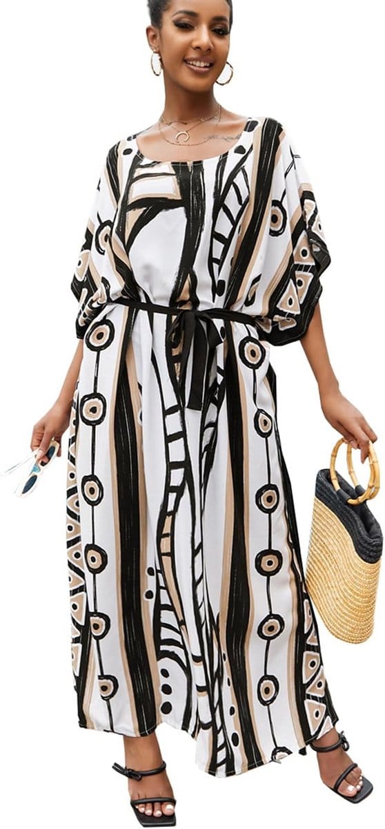 Bohemian Kaftan Maxi Strandjurk Plus Size Zwart Bruin