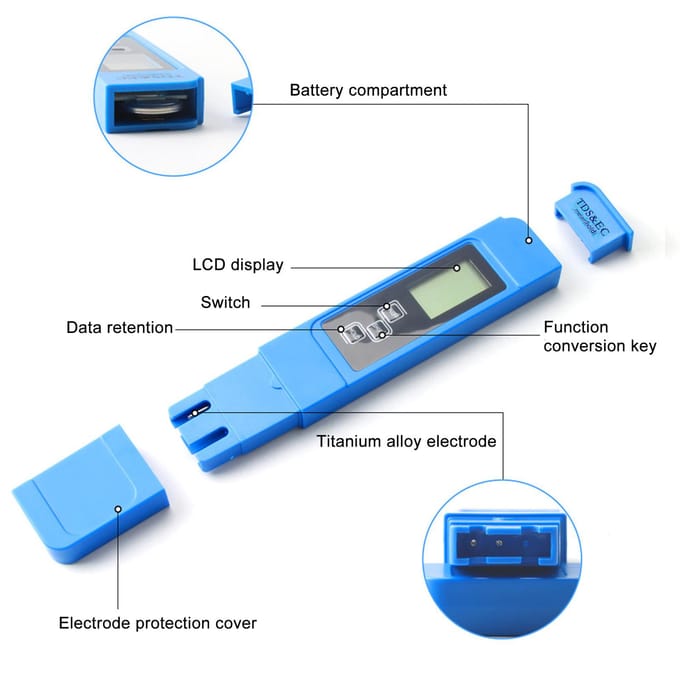 Waterkwaliteitstester 3 in 1 EC Totale opgeloste vaste stoffen Temperatuur Waterkwaliteitsmeter blauw
