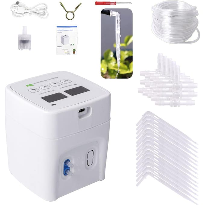 Automatisch Bewateringssysteem Plant Zelfbewatering Druppelirrigatiekit met LED-Display DIY Bewatering white
