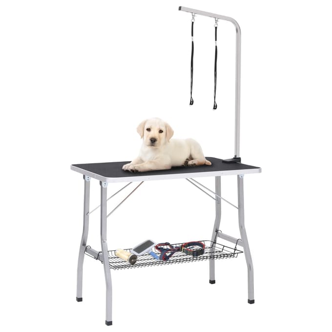 vidaXL - Hondentrimtafel - verstelbaar - met - 2 - lussen - en - opbergschap