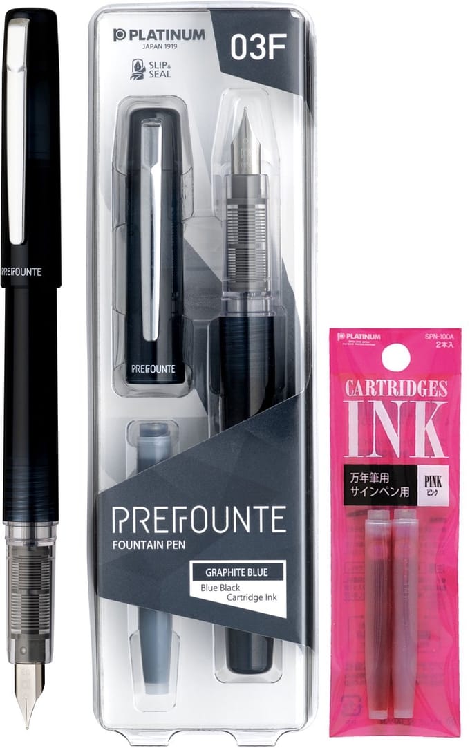 Platinum - Prefounte Vulpen - Medium - Graphite Blue - Met Roze vullingen