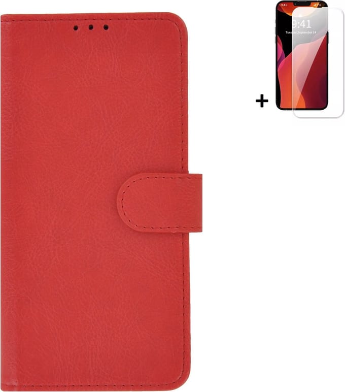 Geschikt voor iPhone 14 Plus Hoesje - Bookcase - iPhone 14 Plus Screenprotector - Pu Leder Wallet Book Case Rood Cover + Screenprotector