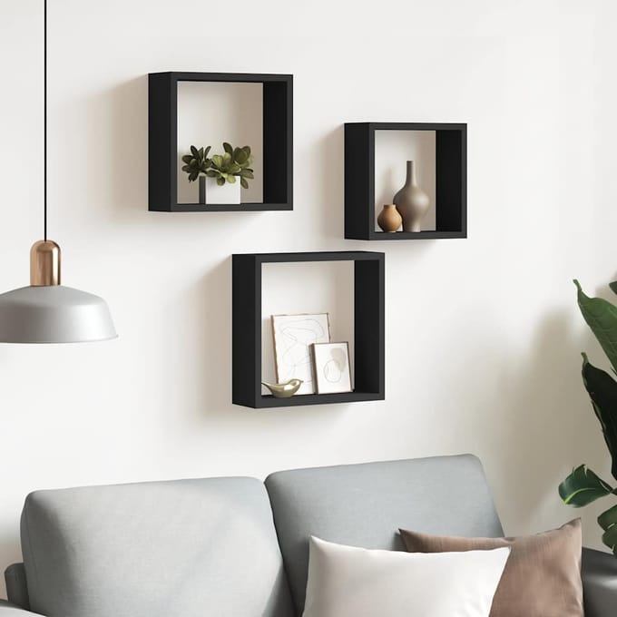 vidaXL - Wandschappen - kubus - 3 - st - MDF - zwart