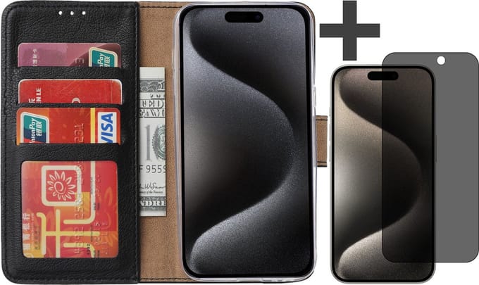 Hoesje met Privacy Screenprotector Geschikt voor iPhone 15 Pro – Arara bookcase met pasjeshouder - Zwart