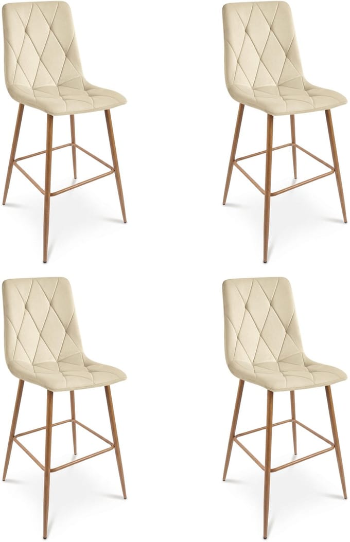 Set van 4 barkrukken LIBRA - Lichtbeige fluweel - Eikenlook metalen poten - Modern design