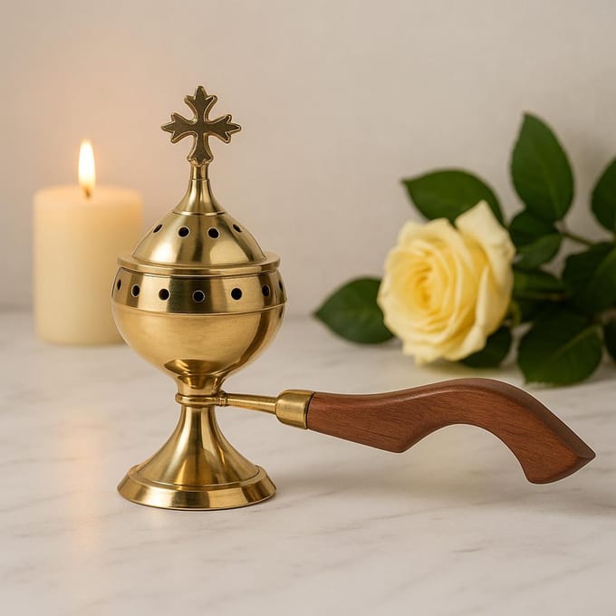 Wierookbrander met houten handvat - Kruis