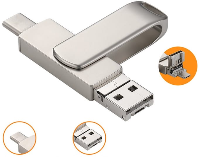 KINSI 4-in-1 USB-flashstation - USB 3.0 Flashdrive 64GB - Compatibel met PC, Android & iOS