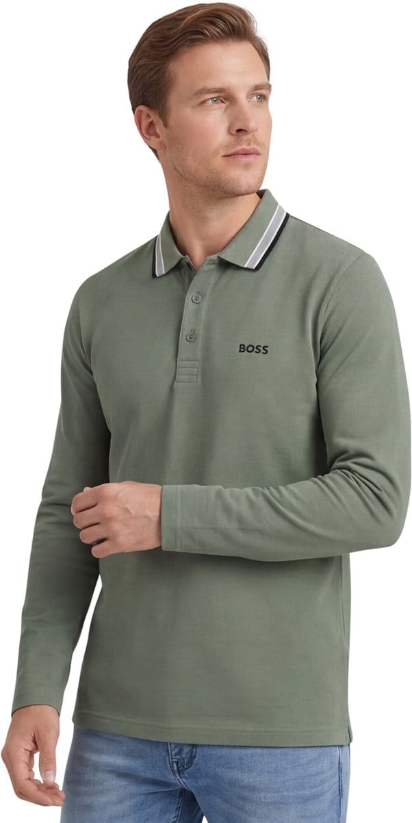 BOSS Green Plisy polo lange mouw groen Big & Tall