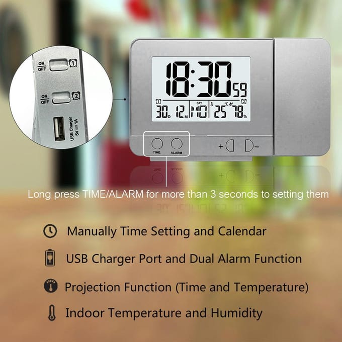 Projectiewekker voor slaapkamer met thermometer en hygrometer Digitale projectplafondklok zilver
