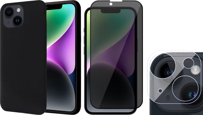 Hoesje geschikt voor iPhone 14 Plus - Privacy Screenprotector FullGuard & Camera Lens Screen Protector - Back Cover Case SoftTouch Zwart
