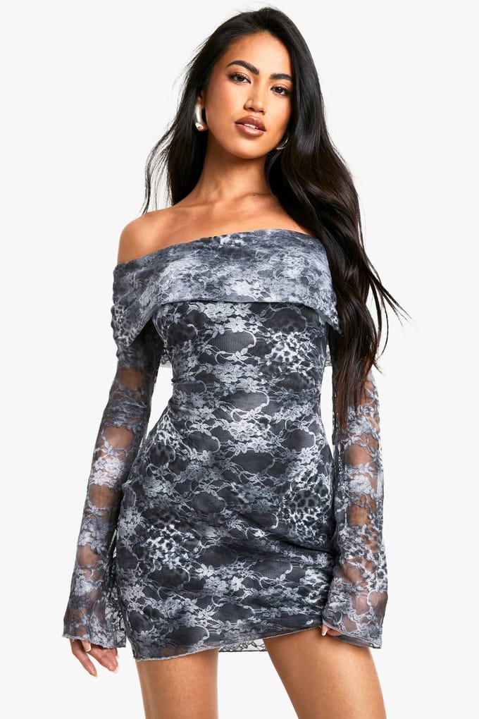 boohoo Dames Mixed Animal Kanten Bardot Mini Jurk | Ice Grey | Maat: 14