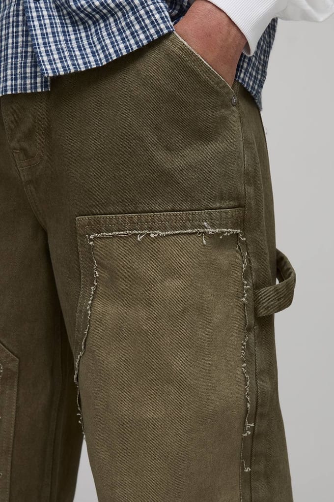 Relaxed Fit Washed Carpenter Distressed Worker Jeans | Green | Size 46R