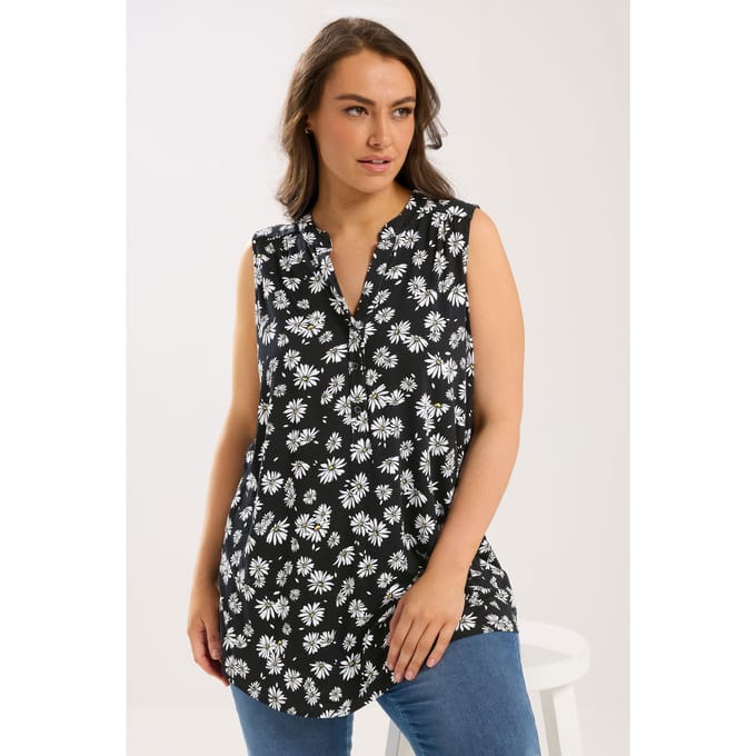 Yours Zwarte Mouwloze Blouse Met Madeliefjesprint Size 42