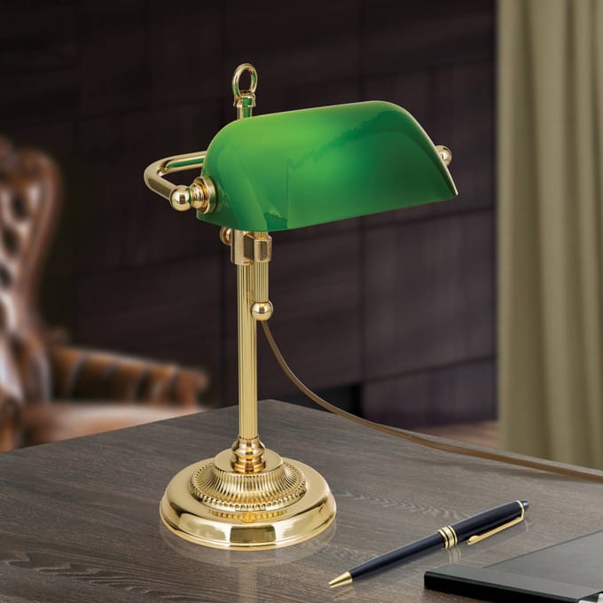 ORION Bankierslamp Harvard, messing/groen, hoogte 32 cm