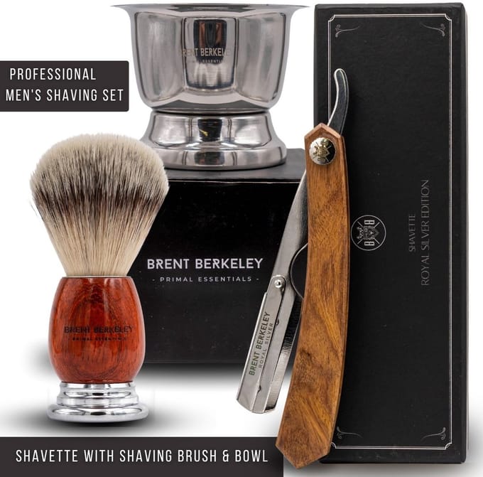 Brent Berkeley® Shavette 'Royal Silver' Scheerset - Professioneel Open Scheermes met Scheerkom & Scheerkwast