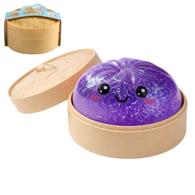 Glitter Dumpling Squishy met Doosje Dumplings Sensorisch Knijpspeelgoed Decompressie Langzaam Rijzend Anti-Stress Verlichter Sensorisch Cadeau paars
