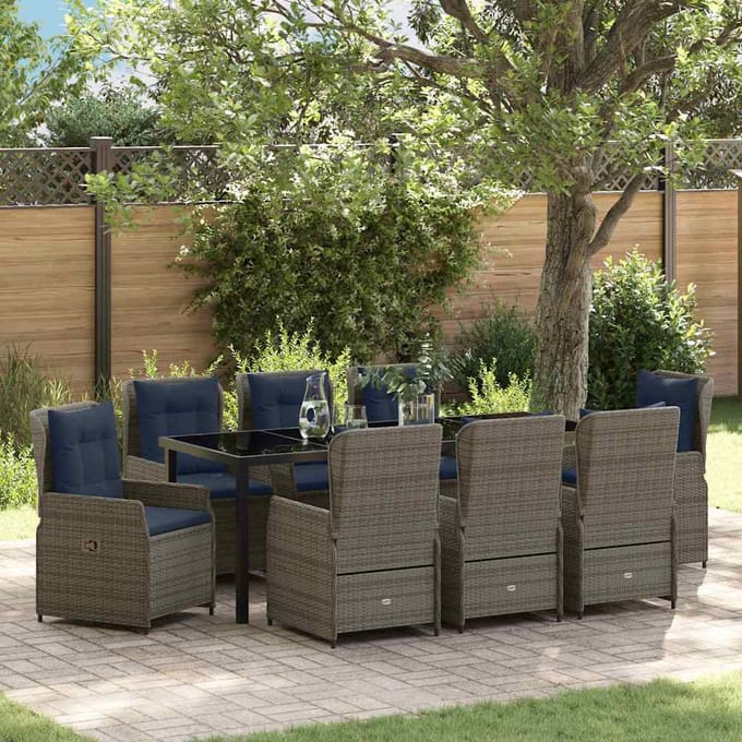 vidaXL - Tuin - Eettafel - Set - 9 - st - Grijs - Poly - rattan