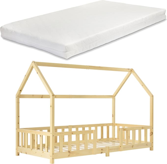 Kinderbed Sisimiut met uitvalbeveiliging en matras 90x200 hout