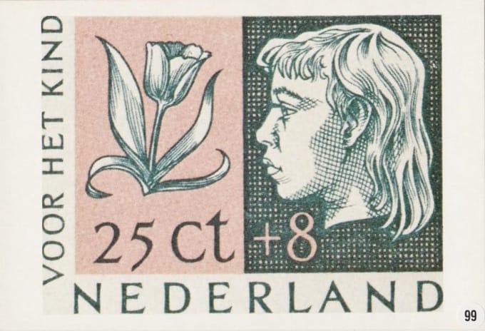 Briefkaart met afbeelding meisjeskopje met tulp postzegel