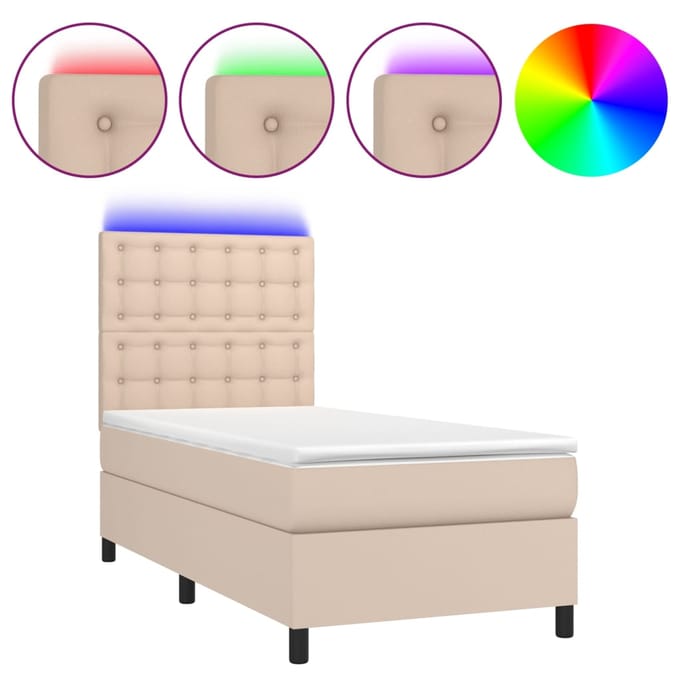 vidaXL - Boxspring - met - matras - en - LED - kunstleer - cappuccinokleur - 90x200 - cm