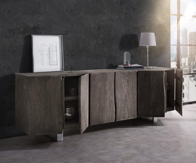Ladekast Live-Edge Acacia Platinum 220 cm 6 deuren massief houten dressoir