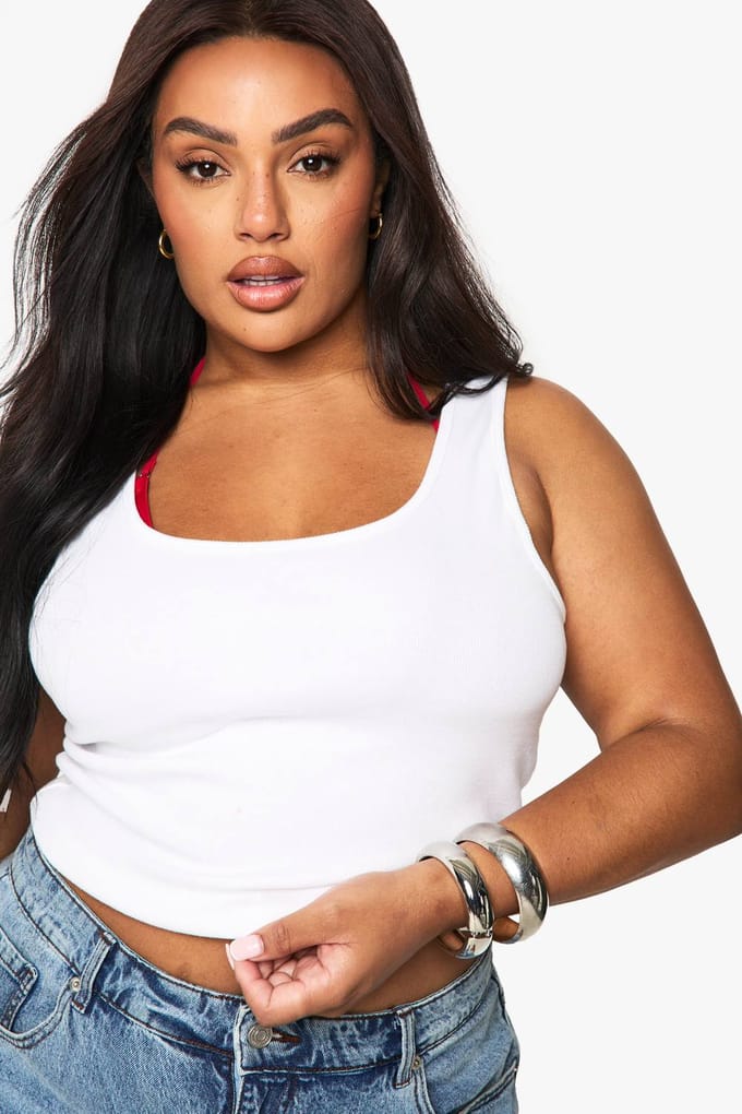 boohoo Dames PLUS Geribbelde Scoop-hals Racer-back Vest Top | Wit | Maat: 54