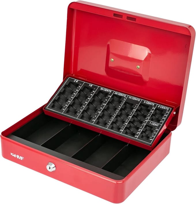 Afsluitbare Geldcassette met Muntentelbord - Rood - 30,5 x 24 x 8,5 cm