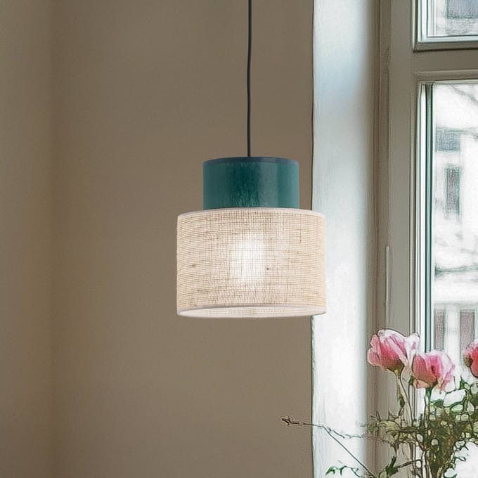 TK Lighting Duo hanglamp, jute kap, petrol/natuurbruin, Ø 20 cm