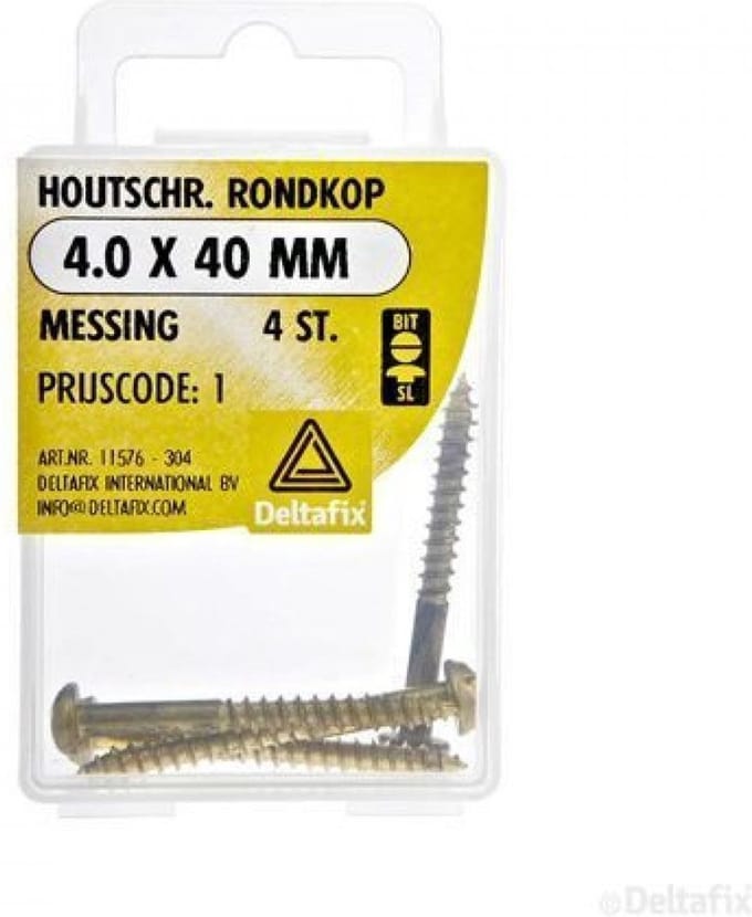 Houtschroeven. Boldkop. Messing 4.0x40mm. lang. 4 stuks koperkleur. Deltafix.