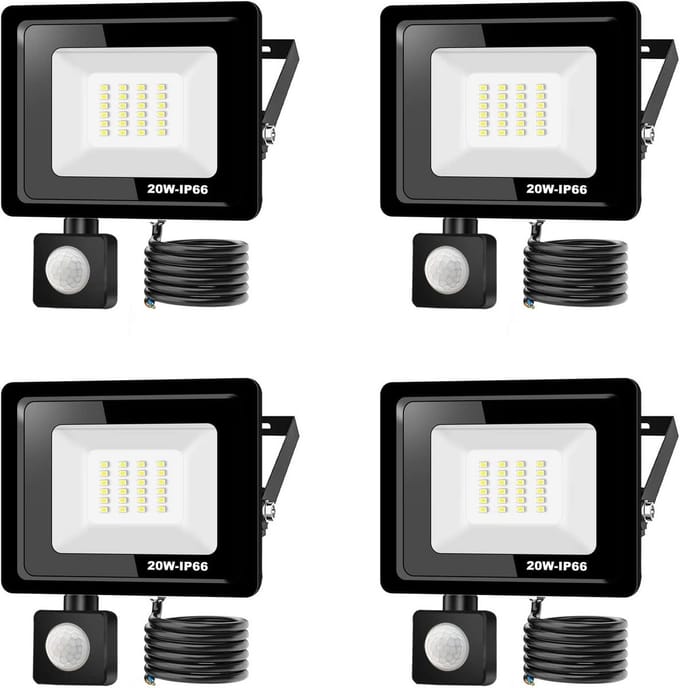 Set van 4 LED Buitenlamp met Bewegingssensor - 20W Koel Wit Licht - IP66 Waterdicht