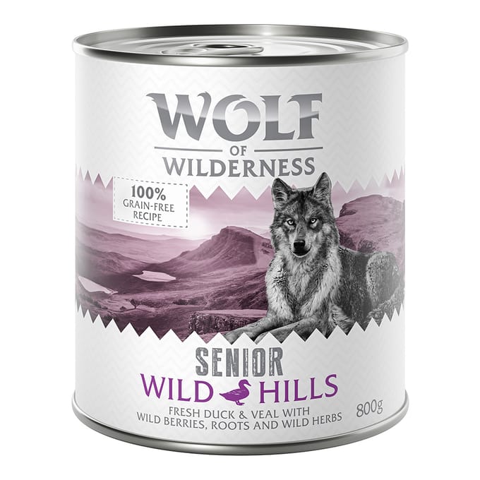 12x800g Senior Wild Hills Eend & Kalf Wolf of Wilderness Hondenvoer