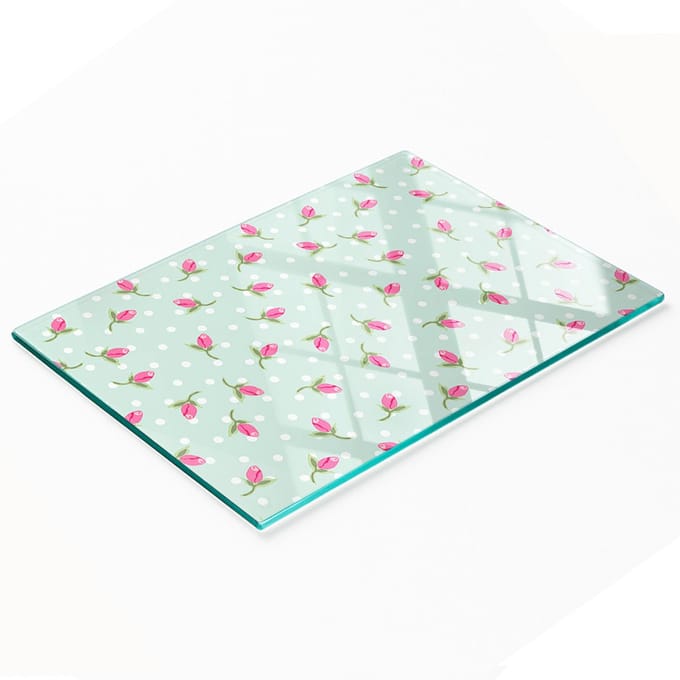 Serveerplank van gehard glas met rozenmotief, 80x52 cm