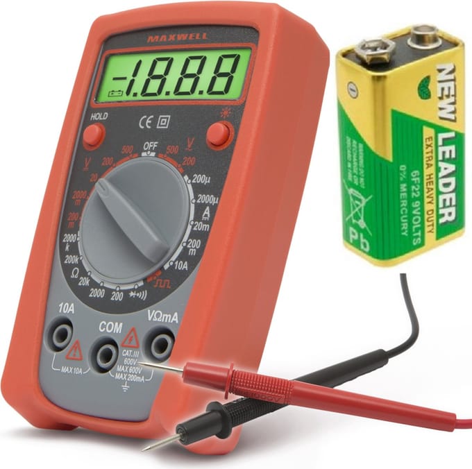 MAXWELL - MPseries - Multimeter Digitaal - AC / DC - Incl. 9V Batterij & Testprobes - Digitale Multi Meter - Spanningsmeter - Diodetest - Weerstandsmeter