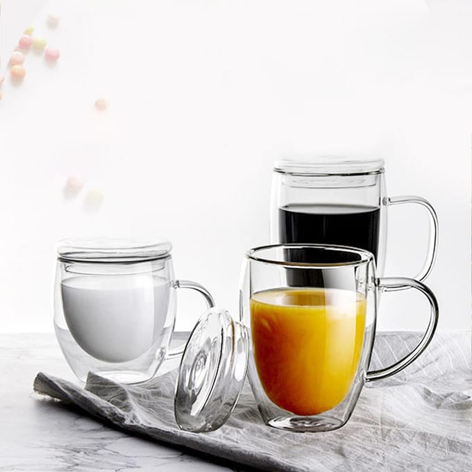 Transparante Dubbelwandige Beker met Deksel Verdikte Koffiekop Dubbele Melkbeker