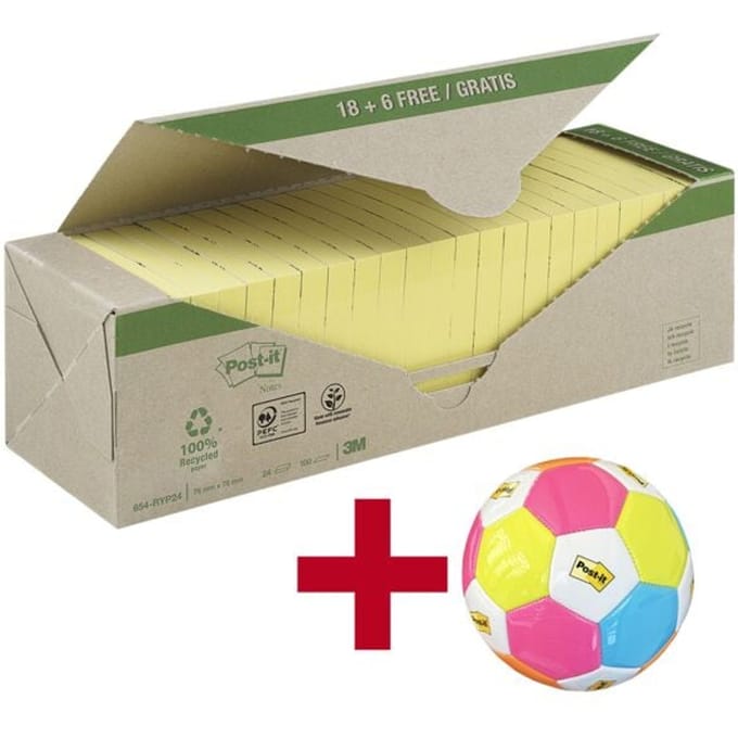 Post-it® sticky notes Recycling Notes 654-RYP24, B 76 x D 76 mm, PEFC® papier, geel, 18 + 6 pads, 100 vellen/pad