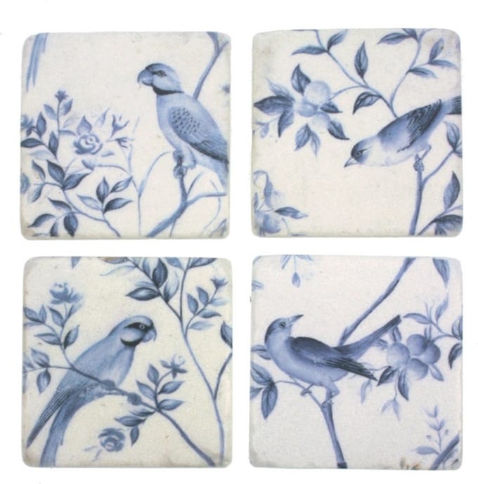 Onderzetters Vogels blauw/wit, s/4 9,8x0,7x9,8cm