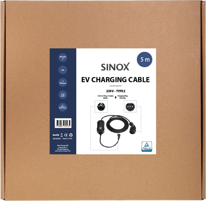Sinox EV Charging Cable Mode 2 - 6A 1 phase - 5m - Black
