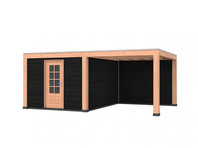 Douglas overkapping, 600 x 400, met achterwand en schuur, Westwood Modern Basic zwart