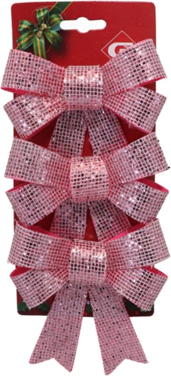 Gerimport Decoratie strikken - 3x st- roze - 10x13 cm - glitters